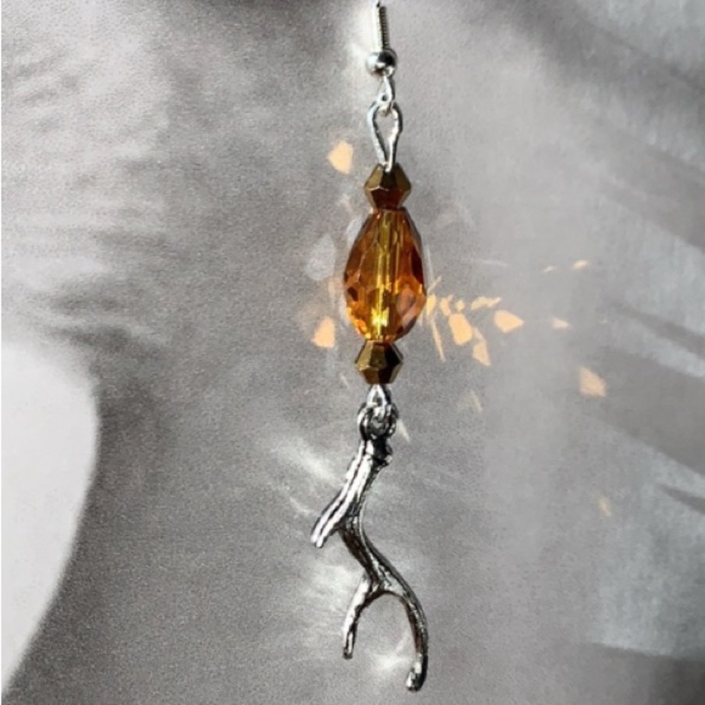 Handcrafted Deer Antler Drop Dangle Earrings with Sheer Chocolate Brown Bead